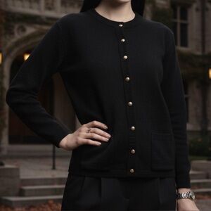 Vintage Wye Oaks Black Knit Cardigan with Gold Crest Buttons, Women’s Small